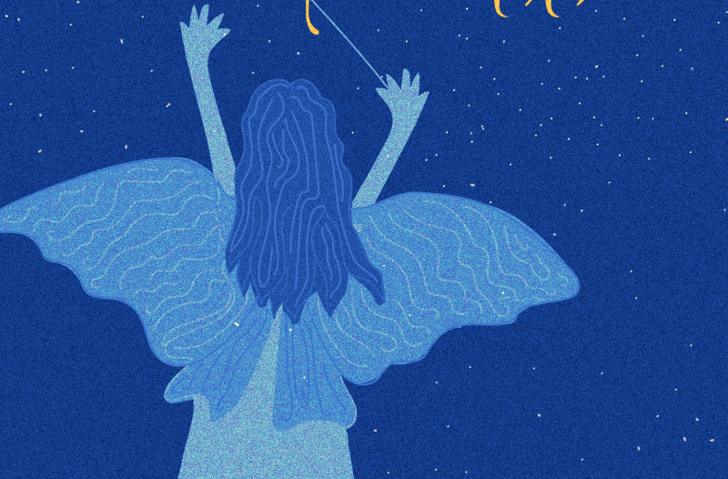An illustrated picture of a fairy on a blue background.