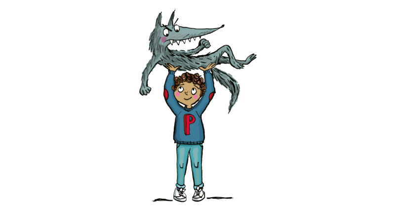 An illustration of a boy dressed in blue holding an angry wolf over his head.