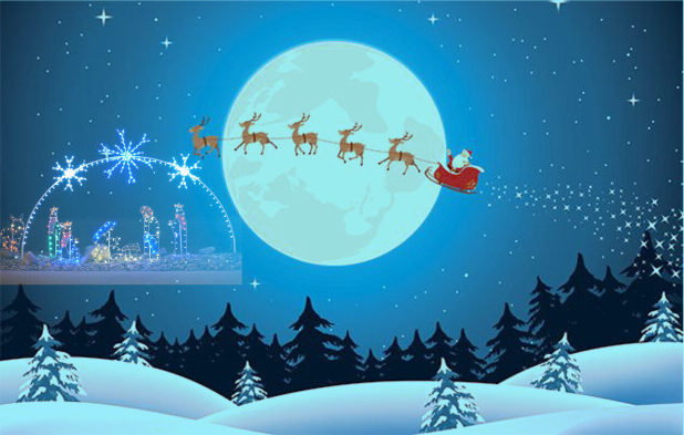Father Christmas on his sleigh, being pulled by reindeers, flying across the night sky.