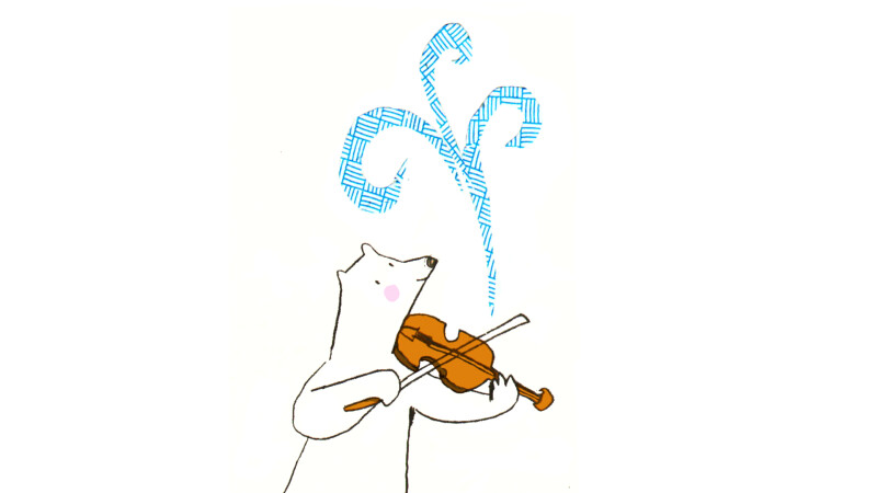 A white polar bear playing a brown wooden violin with an icy blue pattern in the air above him.