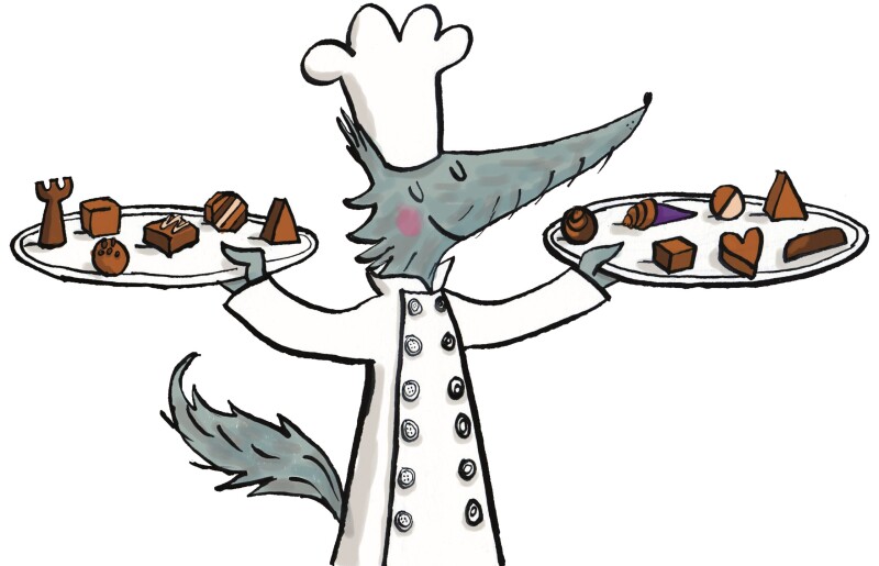 A grey cartoon wolf in a white chef's outfit carries trays of chocolate.
