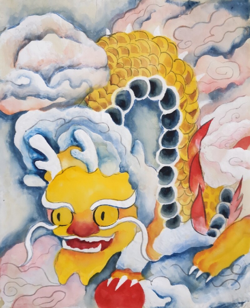 A watercolour painting of a yellow dragon.