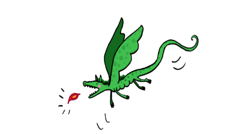 An illustration of a flying green dragon trying to breathe fire.