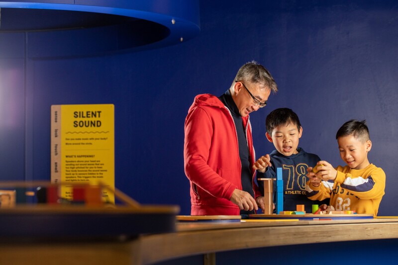 A grown up and a child stood at a wooden table in the museum's Experiment Gallery. They are looking at some wooden blocks on the table.