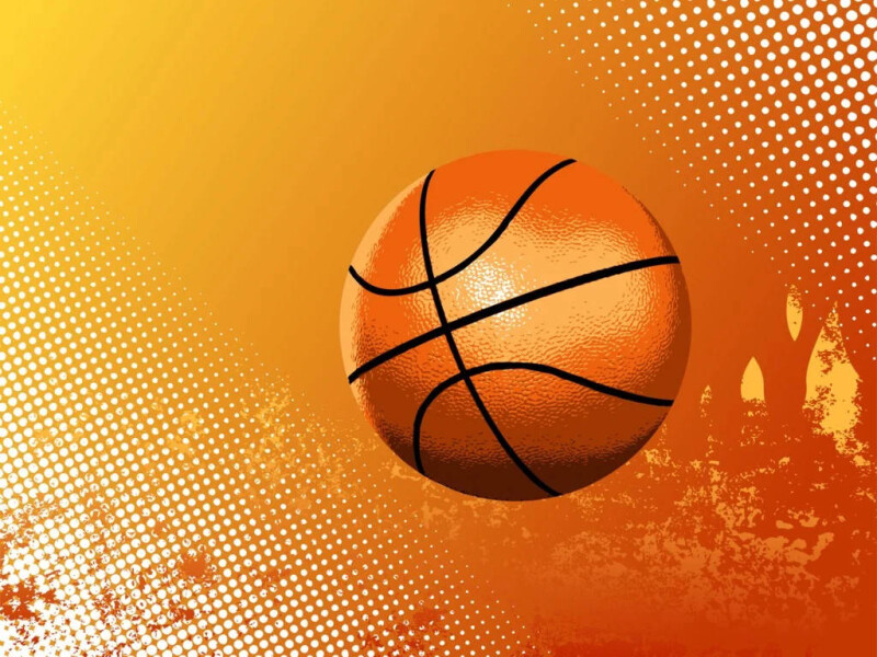 An orange basketball bouncing in mid air on an orange background.
