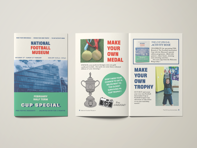 The front cover of the National Football Museum programme for half term. There is a picture of the National Football Museum with the words 'National Football Museum' above and the words 'Half Term Cup Special' below.
