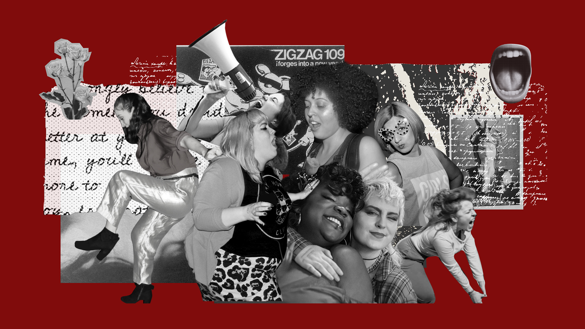 A collage of black and white photos of Girl Gang members on a red background