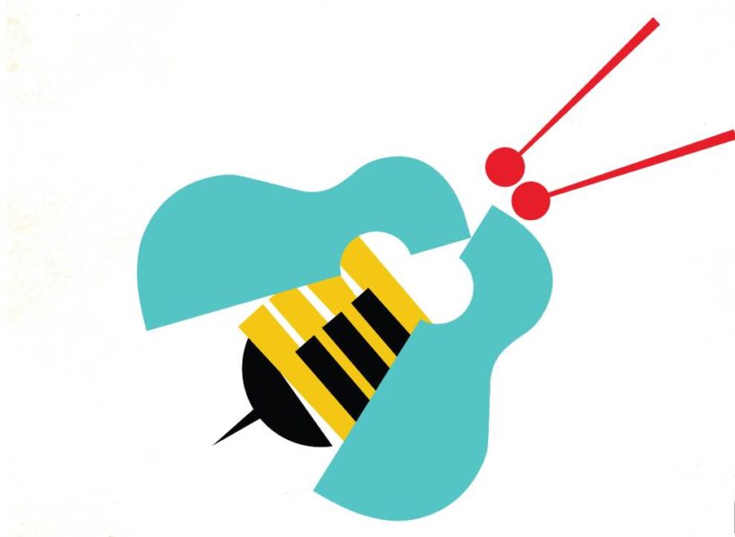 An illustration of a turquiose violin split in half with a black and yellow abstract drawing of a bee in side it. There are two red drum sticks at the head of the violin.