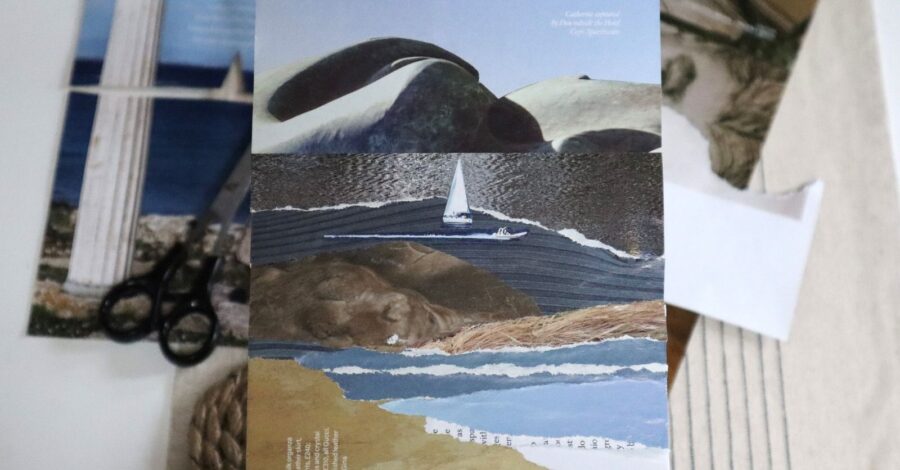 Image of a collage of a seascape, featuring a small sailboat in the middle of the water using magazine scraps.