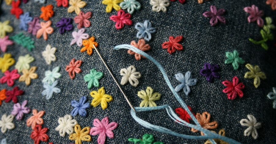 A piece of grey fabric with small colourful flowers stitched onto it using the Sashiko mending technique.
