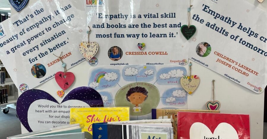 A display of resources relating to empathy. There are books, leaflets and laminated information cards.