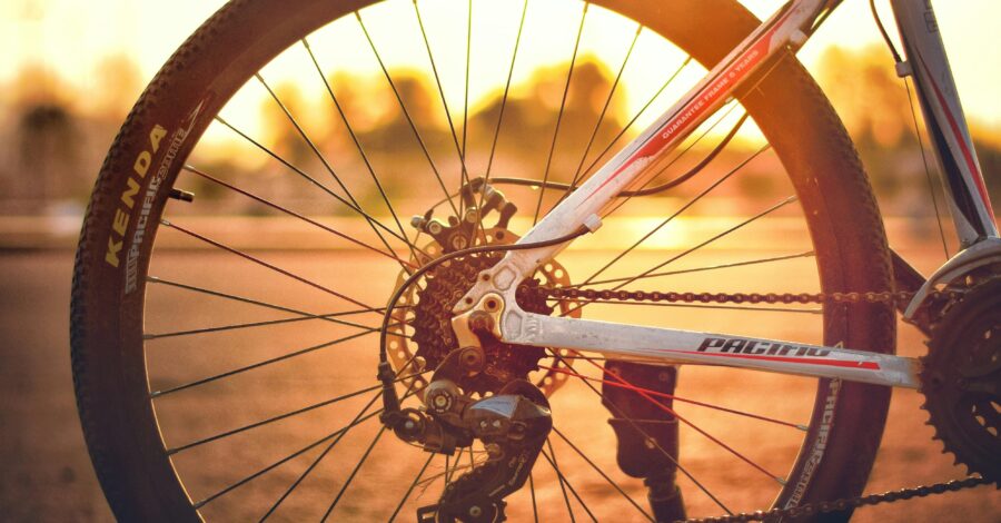 A close-up of a mountain bike wheel