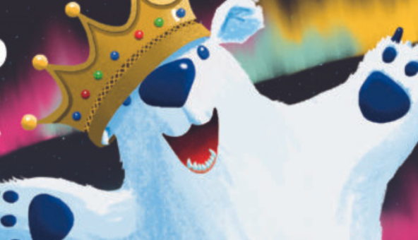 A polar bear wearing a golden crown.