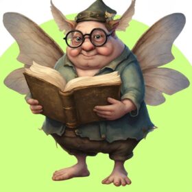 A mystical creature with a face like a human, wearing glasses, a pair of wings and animal ears, holding a book open.