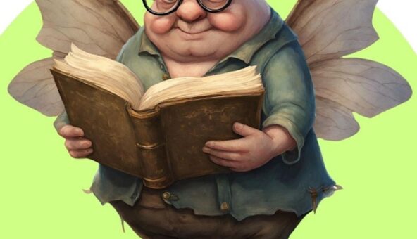 A mystical creature with a face like a human, wearing glasses, a pair of wings and animal ears, holding a book open.