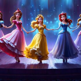 An illustration of princesses on a stage in ballgowns.