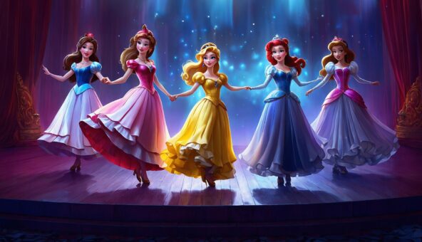 An illustration of princesses on a stage in ballgowns.