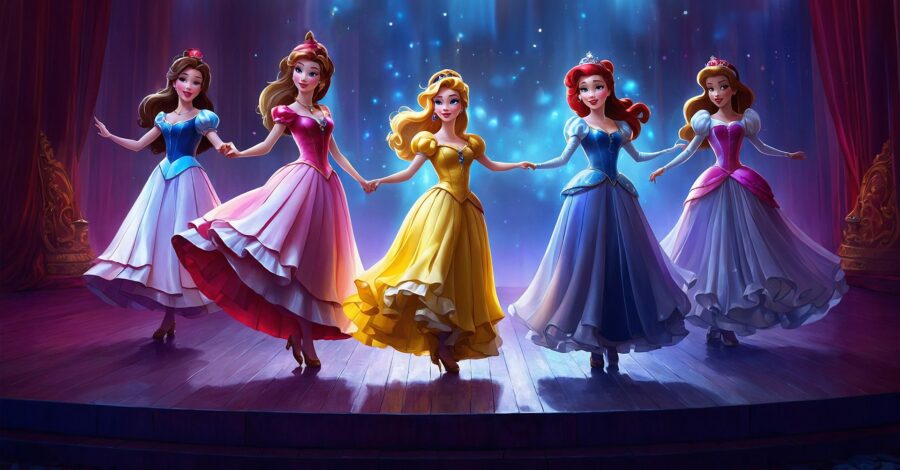 An illustration of princesses on a stage in ballgowns.