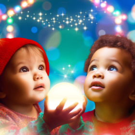 Two young people look upwards. There are bright lights above them and a perfectly round orb of light in front of them.