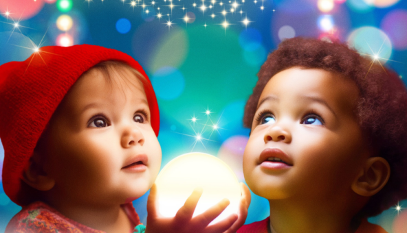 Two young people look upwards. There are bright lights above them and a perfectly round orb of light in front of them.