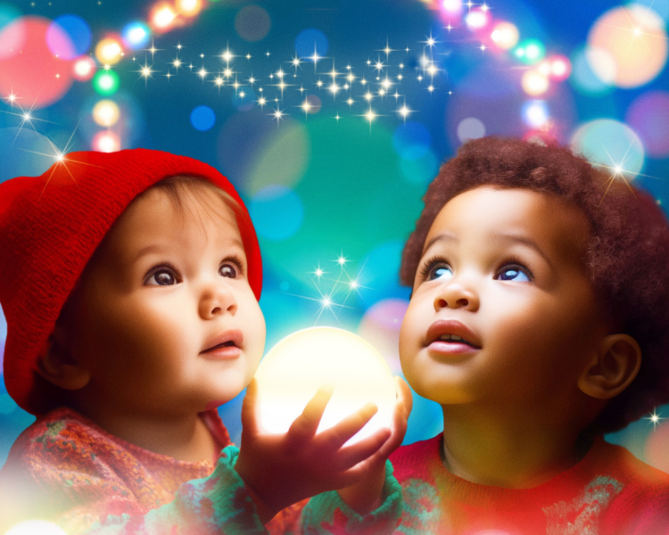 Two young people look upwards. There are bright lights above them and a perfectly round orb of light in front of them.