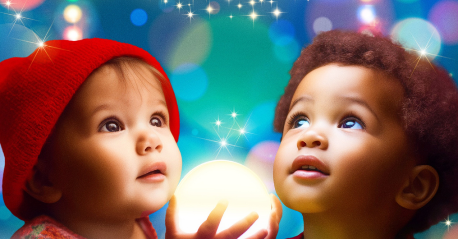 Two young people look upwards. There are bright lights above them and a perfectly round orb of light in front of them.