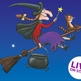 An illustration of a witch wearing a black hat riding on a broomstick, holding a wand and a cauldron, with a tabby cat sat at the front. There are stars in the sky. Illustration by Axle Scheffler.