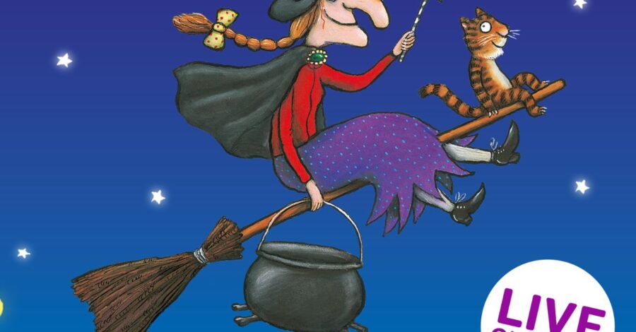 An illustration of a witch wearing a black hat riding on a broomstick, holding a wand and a cauldron, with a tabby cat sat at the front. There are stars in the sky. Illustration by Axle Scheffler.