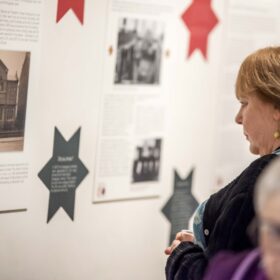 A middle aged woman with light brown hair and a ponytail is looking at a panel exhibition on a white wall. The exhibition consists of big white panels with text and smaller, red and green stars with additional bits of text on them.