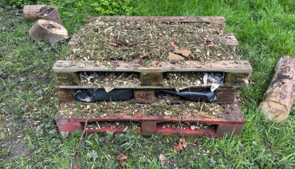 A bug hotel crafted from scrap wooden pallets.