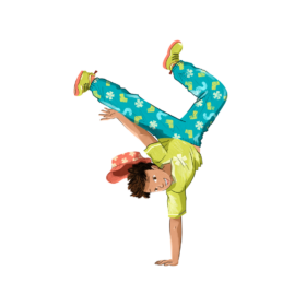 An illustration of a child doing a hand stand using one hand.