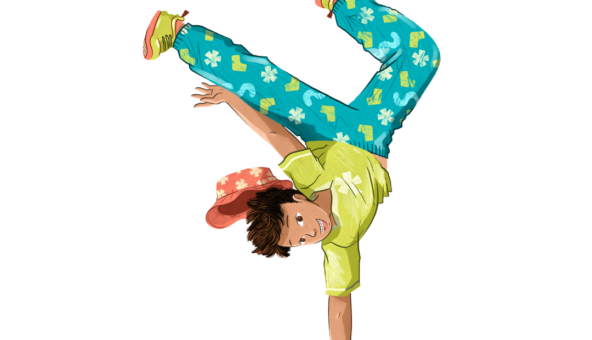 An illustration of a child doing a hand stand using one hand.