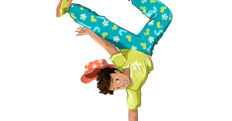 An illustration of a child doing a hand stand using one hand.