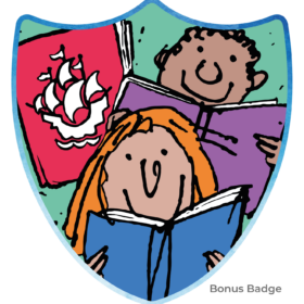 An illustration in the shape of a Blue Peter Badge with two children reading books and an image of the Blue Peter ship on the front of a red book.