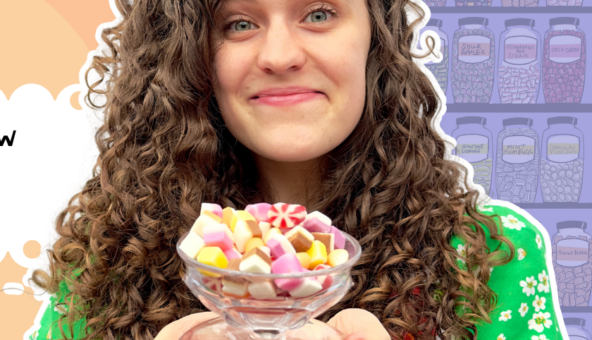 A young woman with curly brown hair holding a dish containing multi-coloured sweets.