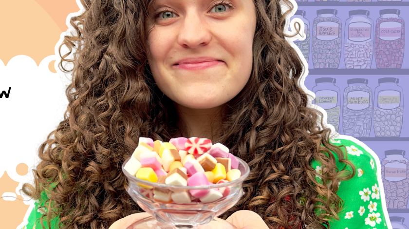 A young woman with curly brown hair holding a dish containing multi-coloured sweets.