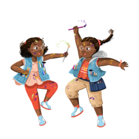 The summer reading challenge illustration showing two young girls jumping up in the air holding paint brushes.