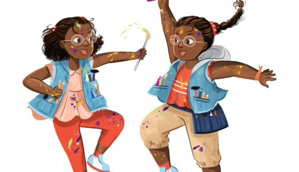 The summer reading challenge illustration showing two young girls jumping up in the air holding paint brushes.