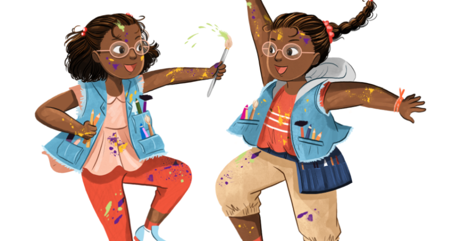 The summer reading challenge illustration showing two young girls jumping up in the air holding paint brushes.