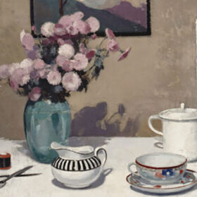 A still life painting featuring a tea cup and saucer, a vase of pink flowers, a milk jog, some scissors and thread and a sugar put with lid.