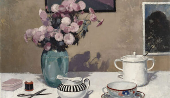 A still life painting featuring a tea cup and saucer, a vase of pink flowers, a milk jog, some scissors and thread and a sugar put with lid.