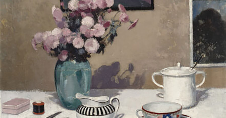 A still life painting featuring a tea cup and saucer, a vase of pink flowers, a milk jog, some scissors and thread and a sugar put with lid.