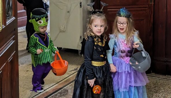 Three children dressed in fancy dress. One is a fairy, one is a witch and a smaller child is dressed as Frankenstein.