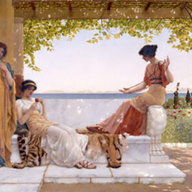 A painting by the artist John William Godward depicting three people on a balcony.