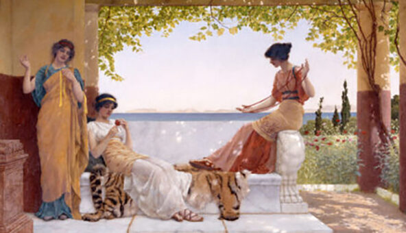 A painting by the artist John William Godward depicting three people on a balcony.