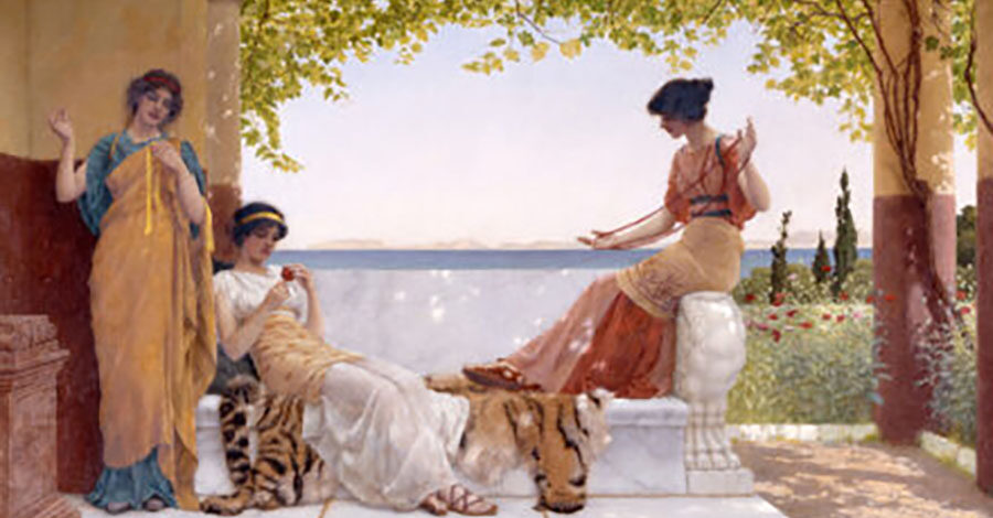 A painting by the artist John William Godward depicting three people on a balcony.