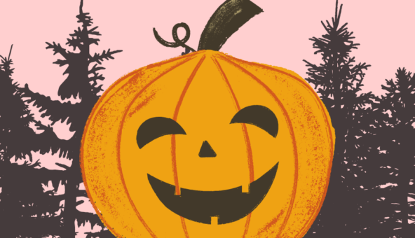 An orange illustration of a pumpkin with a smiley face. There are black silhouettes of trees behind and a pink sky.