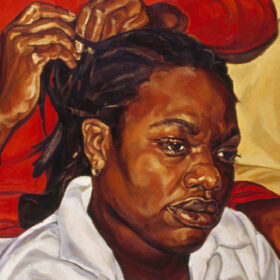 Close up painting of the head of a person wearing a white shirt, in the top left the hands of another person dressed in red are seen braiding the person's hair