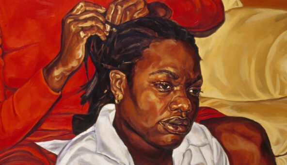 Close up painting of the head of a person wearing a white shirt, in the top left the hands of another person dressed in red are seen braiding the person's hair