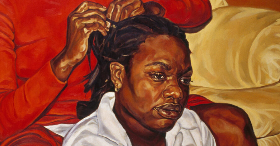 Close up painting of the head of a person wearing a white shirt, in the top left the hands of another person dressed in red are seen braiding the person's hair